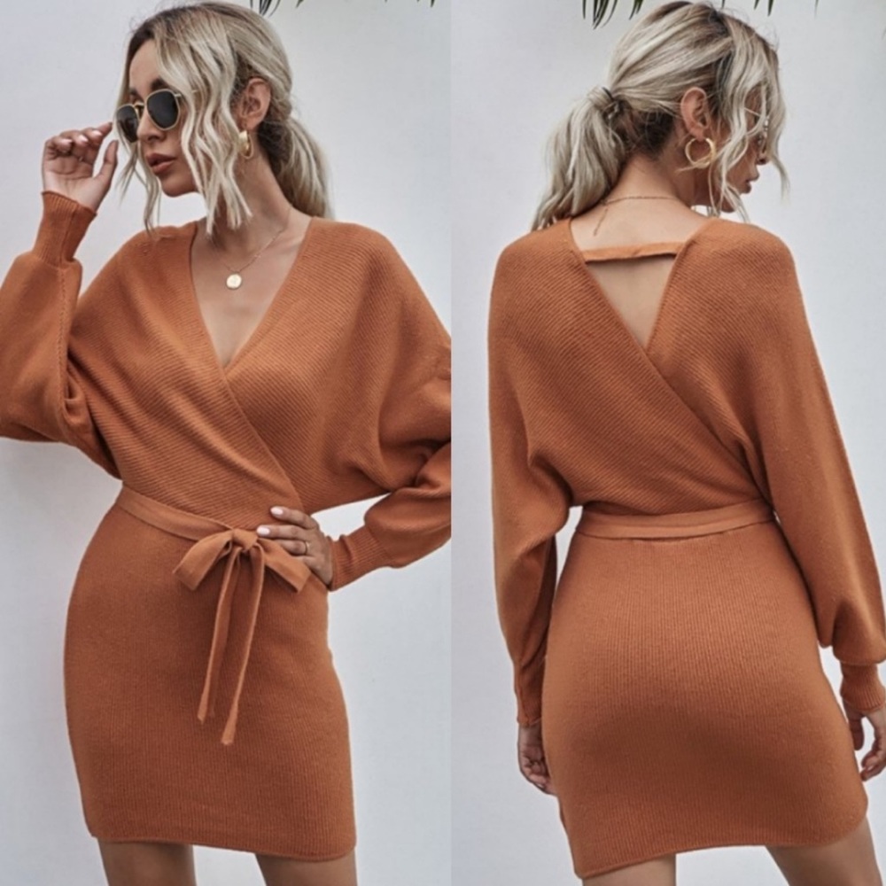 Surplice Sweater Dress - Salmon - Picture 2 of 3